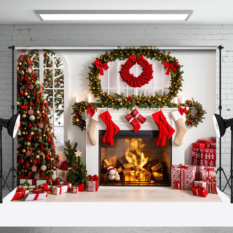 Aperturee - Aperturee Festive White Room Fireplace Tree Christmas Backdrop