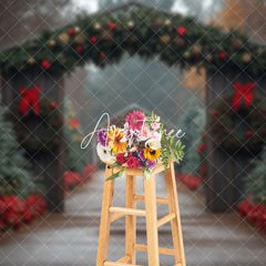 Aperturee - Aperturee Festive Wood Door Pine Trees Path Christmas Backdrop