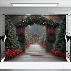 Aperturee - Aperturee Festive Wood Door Pine Trees Path Christmas Backdrop