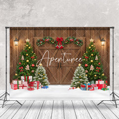 Aperturee - Aperturee Festive Wooden Door Xmas Trees Christmas Backdrop