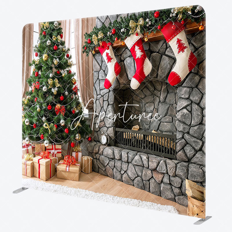 Aperturee - Aperturee Fireplace Christmas Tree Square Pillow Case Backdrop