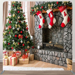 Aperturee - Aperturee Fireplace Christmas Tree Square Pillow Case Backdrop