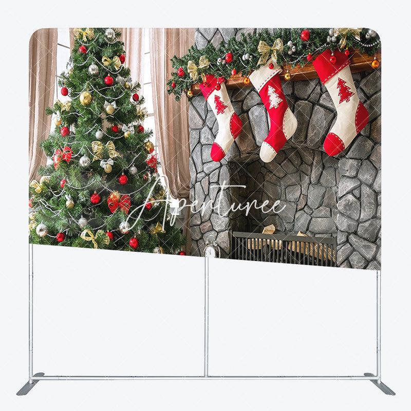 Aperturee - Aperturee Fireplace Christmas Tree Square Pillow Case Backdrop