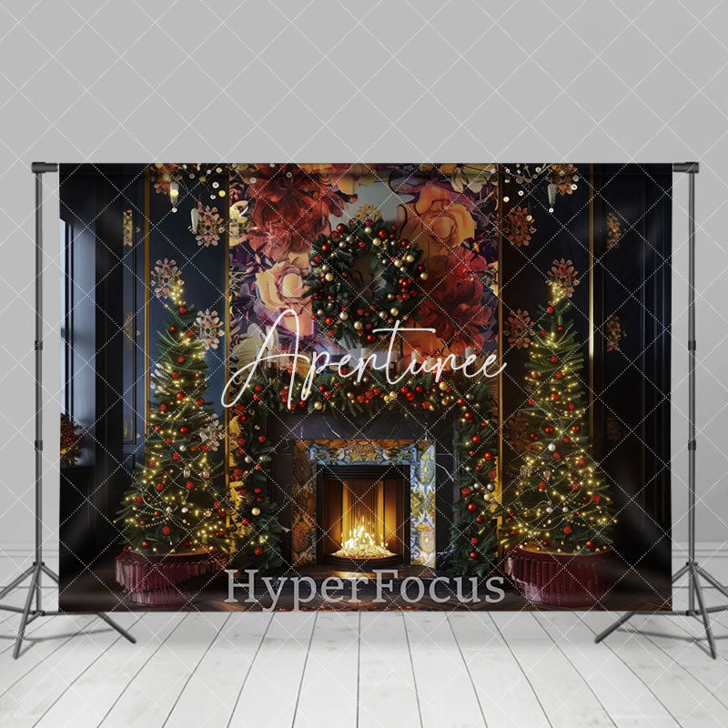 Aperturee - Aperturee Fireplace Navy Wall Floral Mural Christmas Backdrop