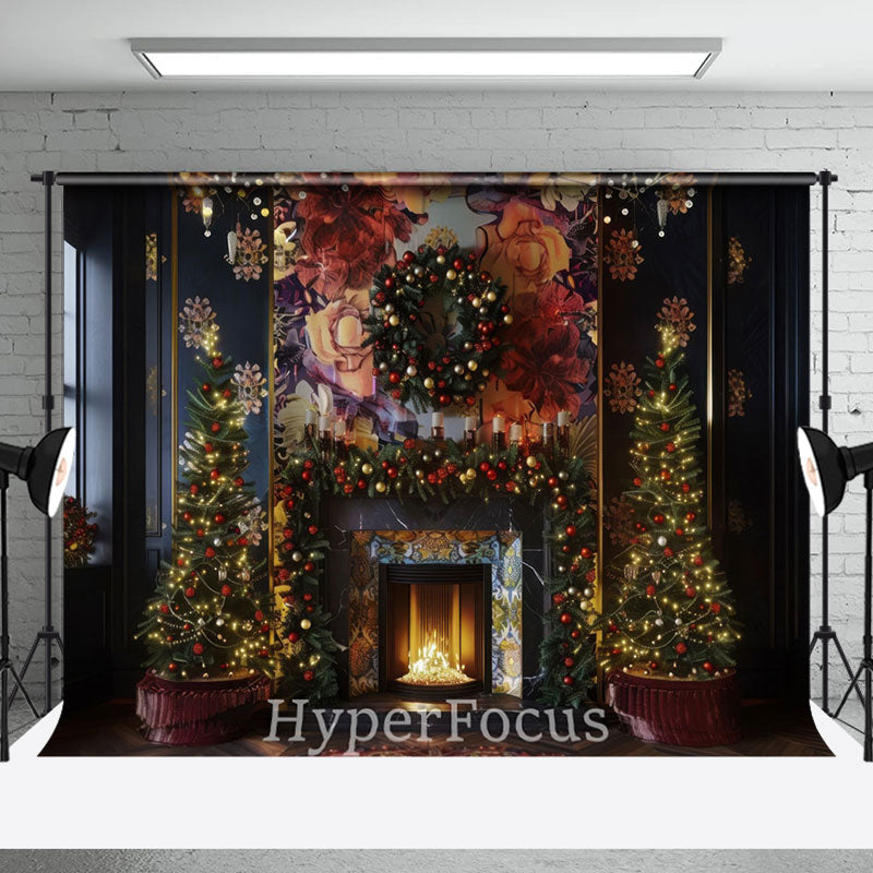 Aperturee - Aperturee Fireplace Navy Wall Floral Mural Christmas Backdrop