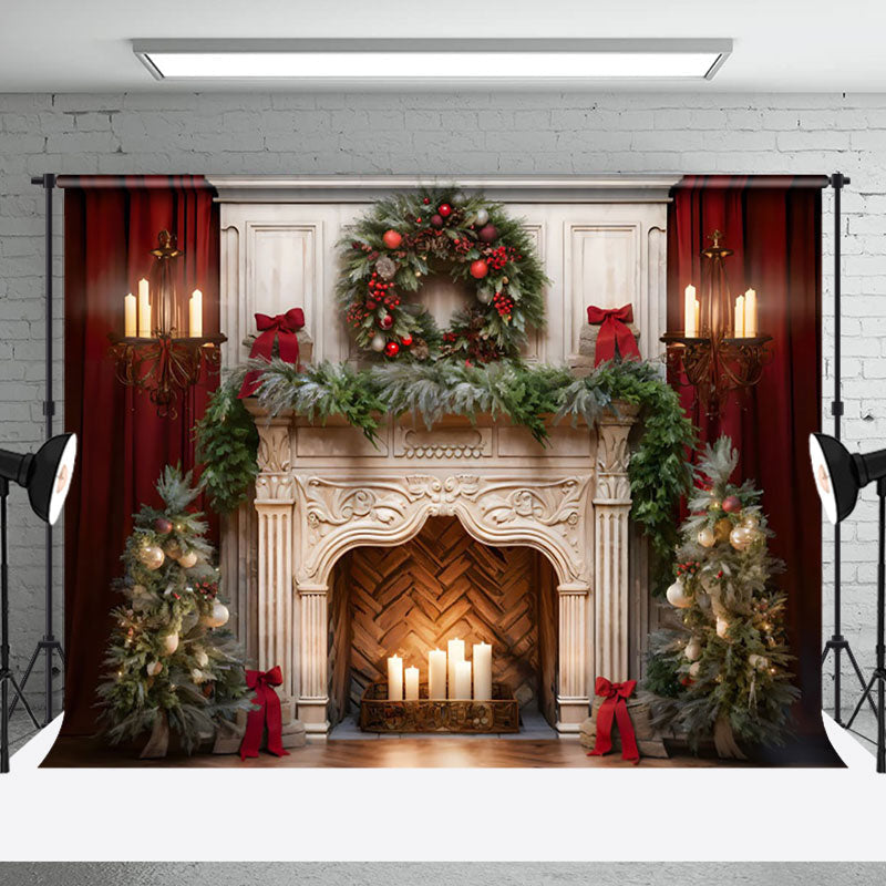 Aperturee - Aperturee Fireplace Scene Garland Trees Candles Gifts Backdrop