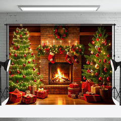 Aperturee - Aperturee Fireplace Sock Trees Red Gifts Christmas Backdrop