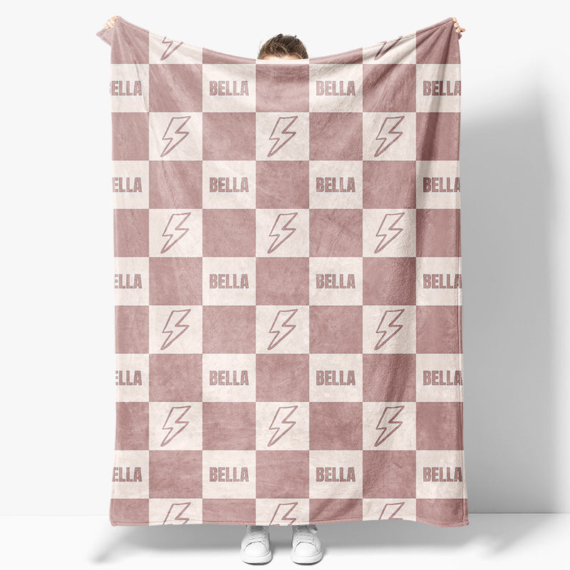 Aperturee - Aperturee Flesh Pink Lightning Icon Plaid Custom Name Blanket