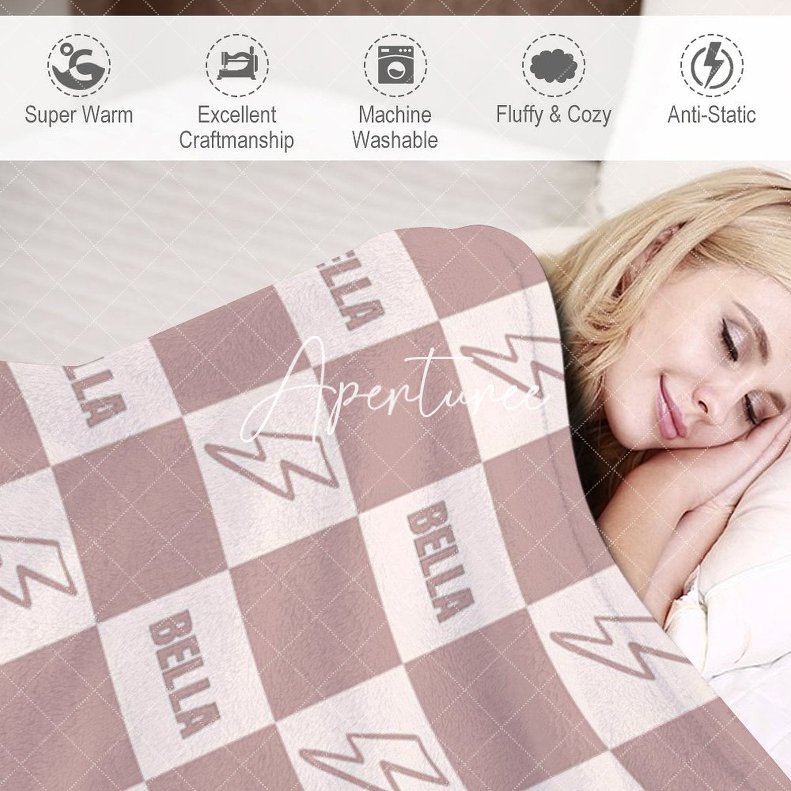 Aperturee - Aperturee Flesh Pink Lightning Icon Plaid Custom Name Blanket