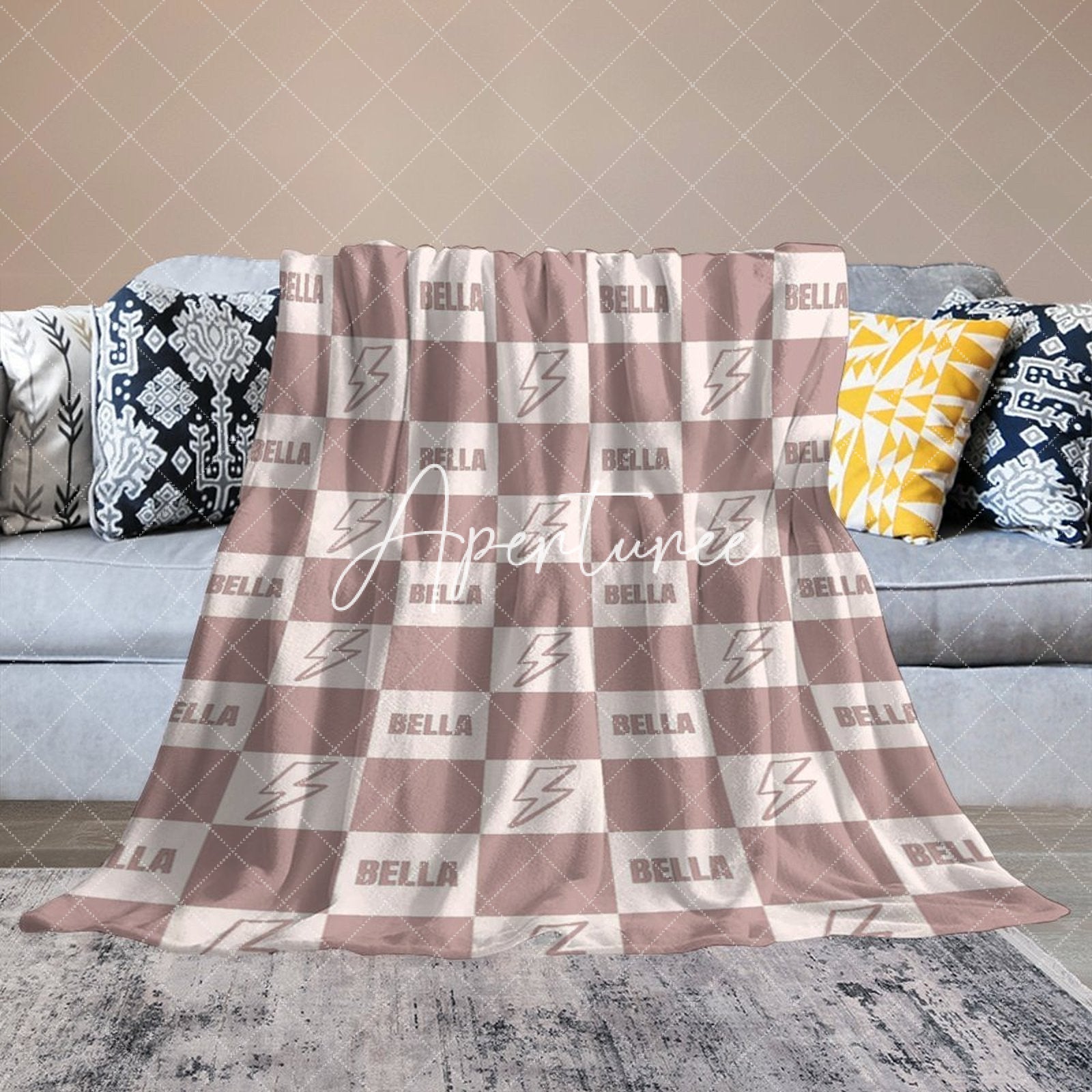 Aperturee - Aperturee Flesh Pink Lightning Icon Plaid Custom Name Blanket