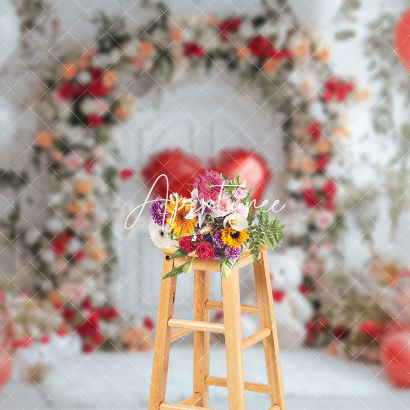 Aperturee - Aperturee Floral Balloon Bear Romantic Valentines Day Backdrop