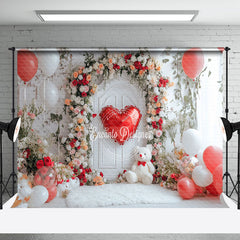 Aperturee - Aperturee Floral Balloon Bear Romantic Valentines Day Backdrop