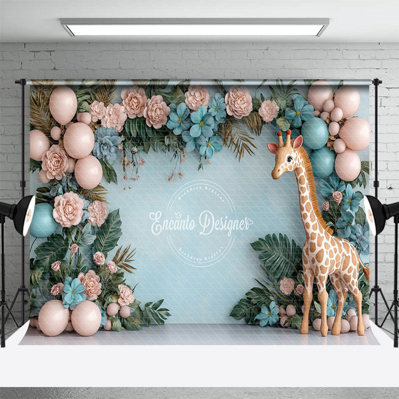 Aperturee - Aperturee Floral Balloon Safari Giraffe Cake Smash Backdrop