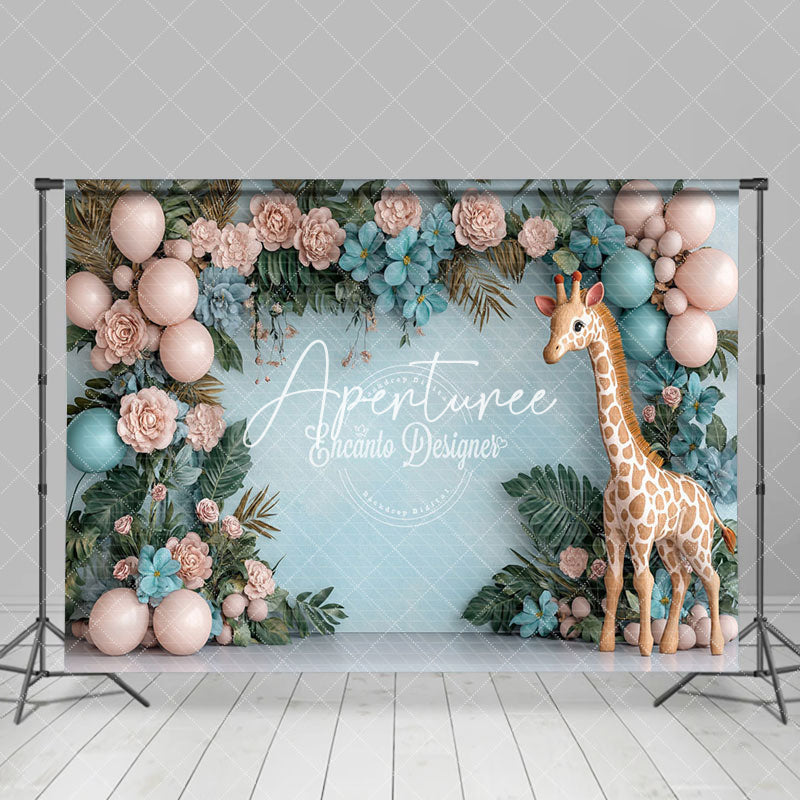 Aperturee - Aperturee Floral Balloon Safari Giraffe Cake Smash Backdrop