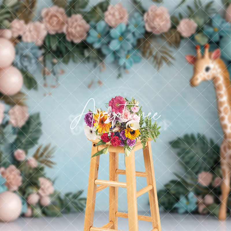 Aperturee - Aperturee Floral Balloon Safari Giraffe Cake Smash Backdrop