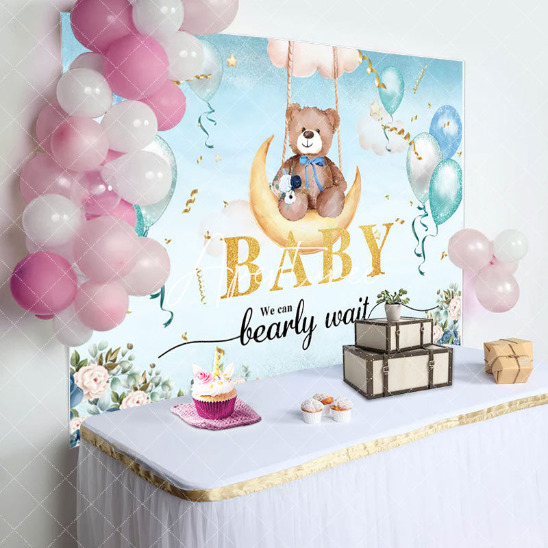 Aperturee - Aperturee Floral Balloons Moon Swing Bear Baby Shower Backdrop