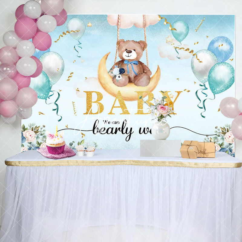 Aperturee - Aperturee Floral Balloons Moon Swing Bear Baby Shower Backdrop