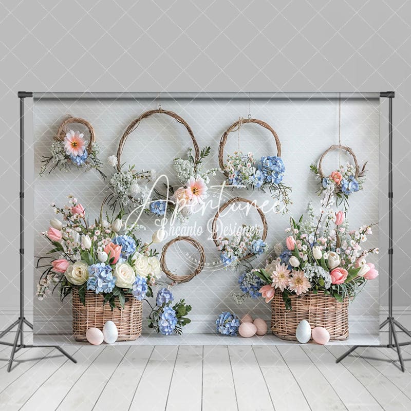 Aperturee - Aperturee Floral Basket Wreath Spring Easter Photo Backdrop