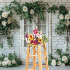 Aperturee - Aperturee Floral Brick Wall White Door Spring Photo Backdrop