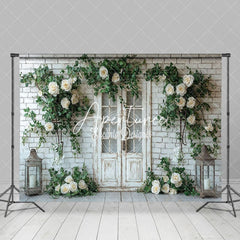 Aperturee - Aperturee Floral Brick Wall White Door Spring Photo Backdrop