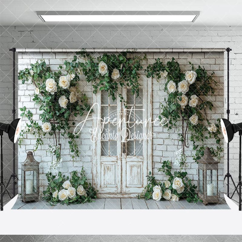 Aperturee - Aperturee Floral Brick Wall White Door Spring Photo Backdrop