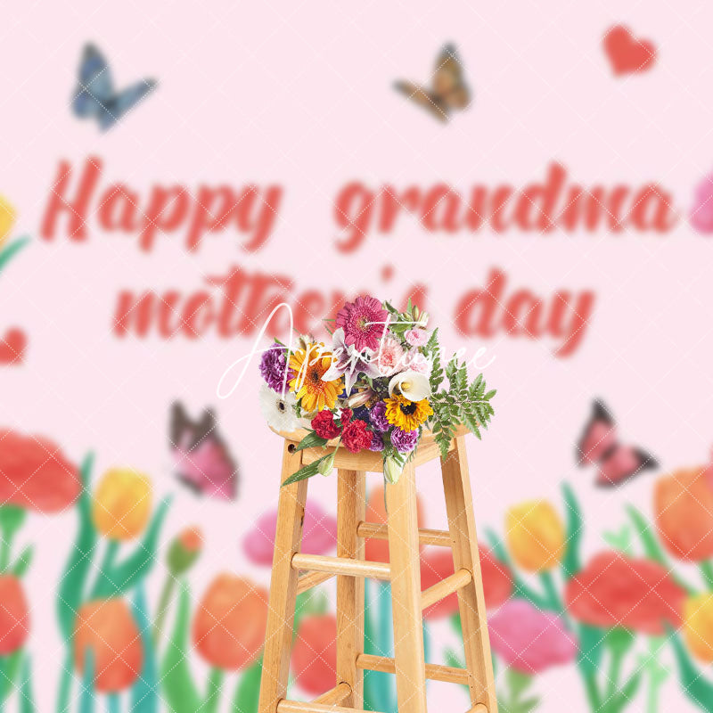 Aperturee - Aperturee Floral Butterfly Happy Grandma Mothers Day Backdrop