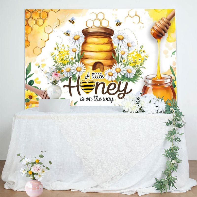 Aperturee - Aperturee Floral Cartoon Honey On The Way Baby Shower Backdrop