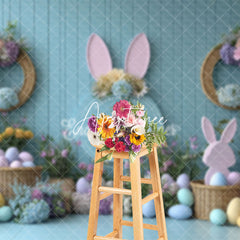 Aperturee - Aperturee Floral Decor Blue Wall Eggs Bunny Easter Backdrop