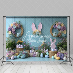 Aperturee - Aperturee Floral Decor Blue Wall Eggs Bunny Easter Backdrop