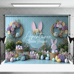 Aperturee - Aperturee Floral Decor Blue Wall Eggs Bunny Easter Backdrop