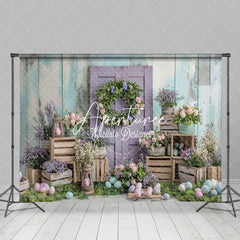 Aperturee - Aperturee Floral Eggs Purple Door Scene Indoor Easter Backdrop