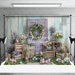 Aperturee - Aperturee Floral Eggs Purple Door Scene Indoor Easter Backdrop