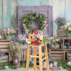 Aperturee - Aperturee Floral Eggs Purple Door Scene Indoor Easter Backdrop