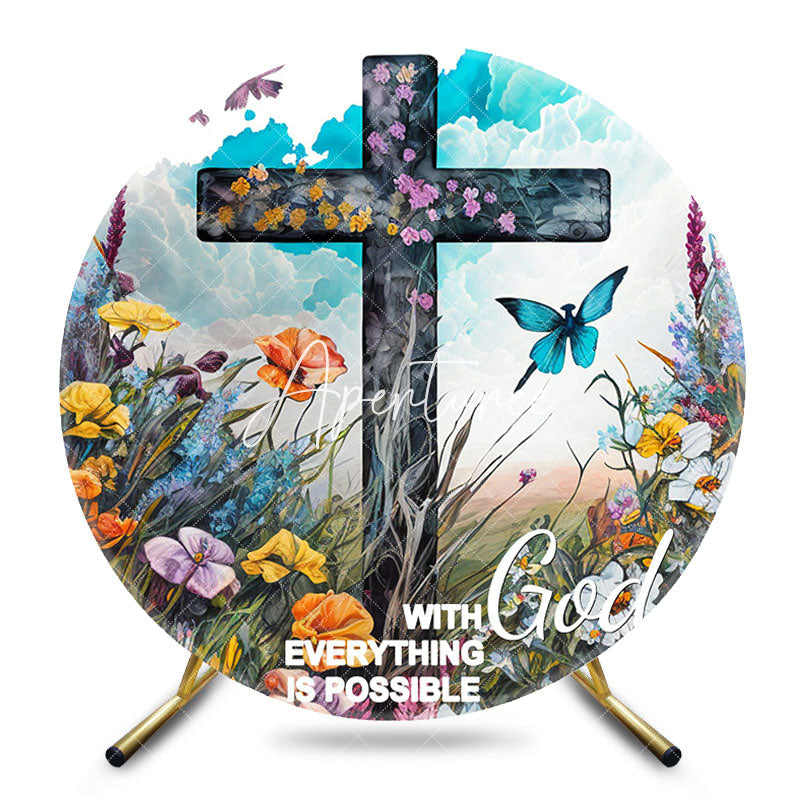 Aperturee - Aperturee Floral Field Butterfly Cross Round Easter Backdrop