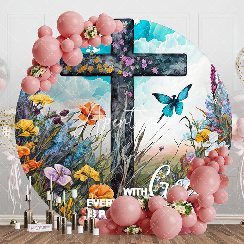 Aperturee - Aperturee Floral Field Butterfly Cross Round Easter Backdrop