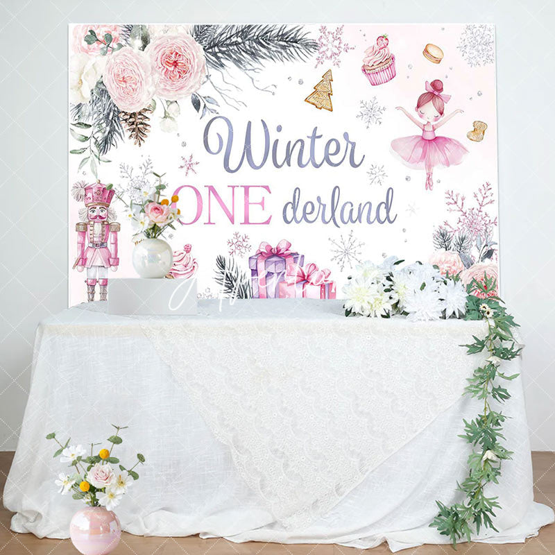 Aperturee - Aperturee Floral Gift Cake Winter Onederland Birthday Backdrop