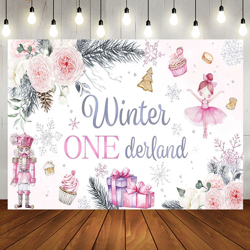 Aperturee - Aperturee Floral Gift Cake Winter Onederland Birthday Backdrop