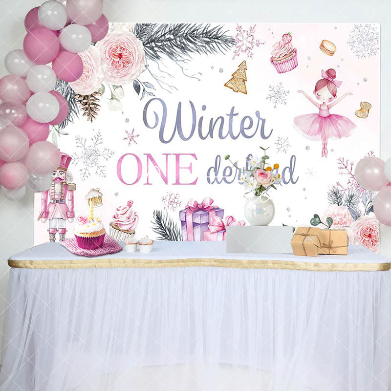 Aperturee - Aperturee Floral Gift Cake Winter Onederland Birthday Backdrop