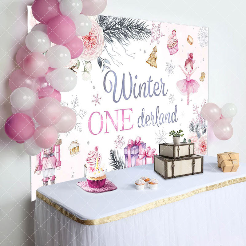 Aperturee - Aperturee Floral Gift Cake Winter Onederland Birthday Backdrop