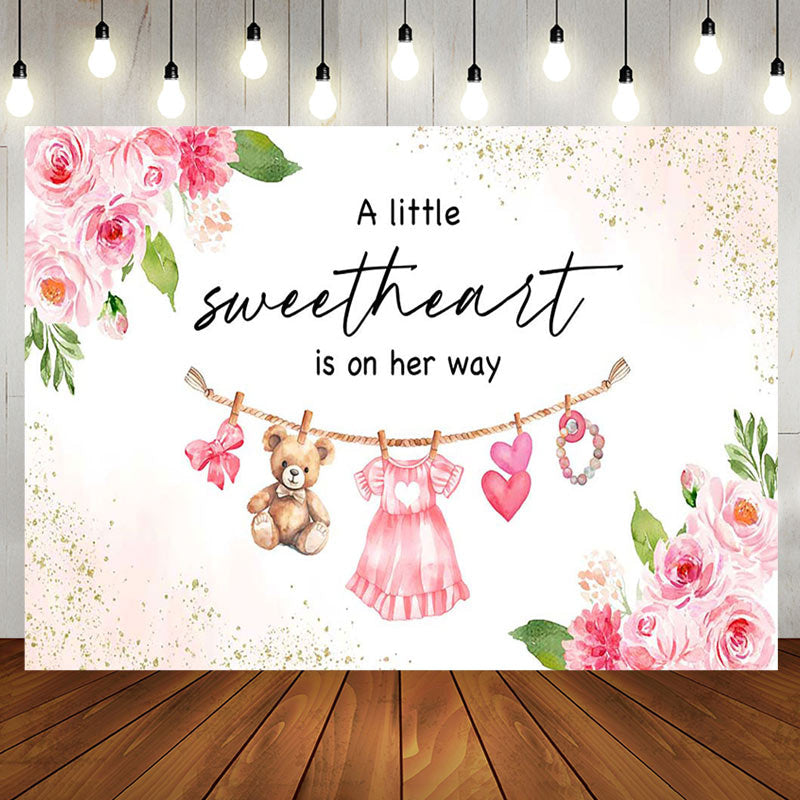 Aperturee - Aperturee Floral Gold Glitter Sweetheart Baby Shower Backdrop