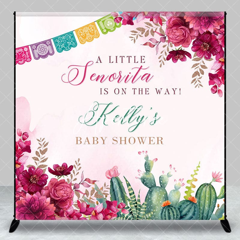 Aperturee - Aperturee Floral Little Senorita Custom Name Baby Shower Backdrop