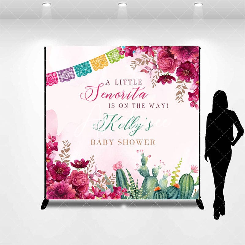 Aperturee - Aperturee Floral Little Senorita Custom Name Baby Shower Backdrop