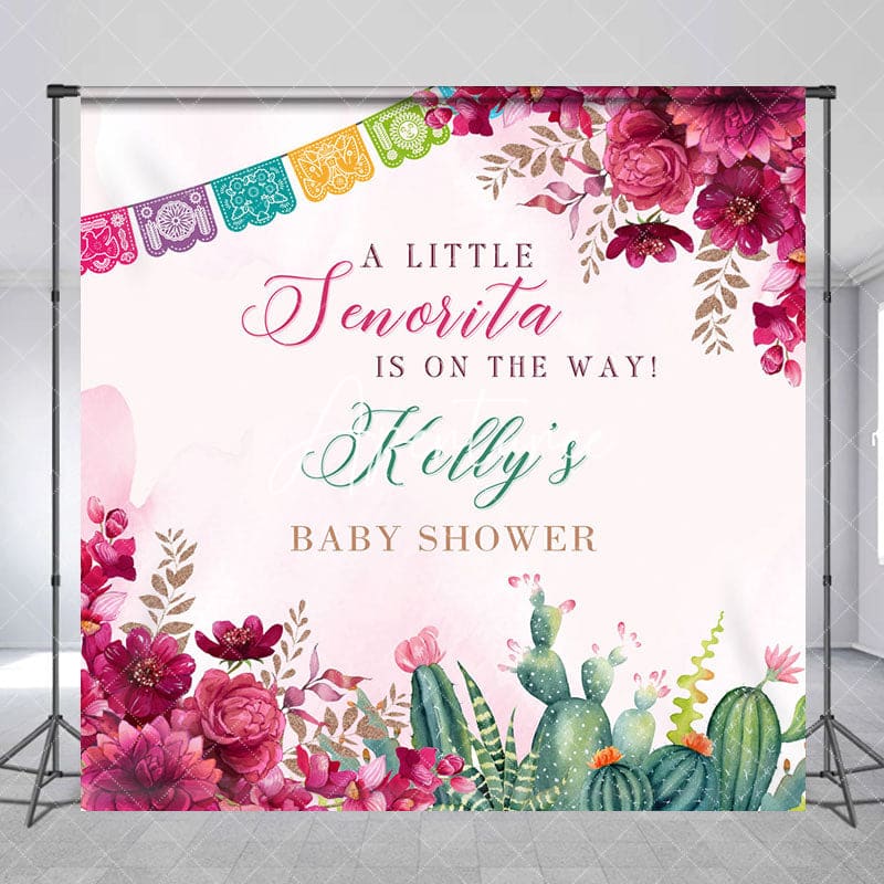 Aperturee - Aperturee Floral Little Senorita Custom Name Baby Shower Backdrop