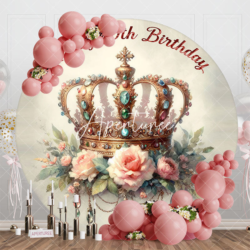 Aperturee - Aperturee Floral Luxury Royal Crown Round 80th Brithday Backdrop