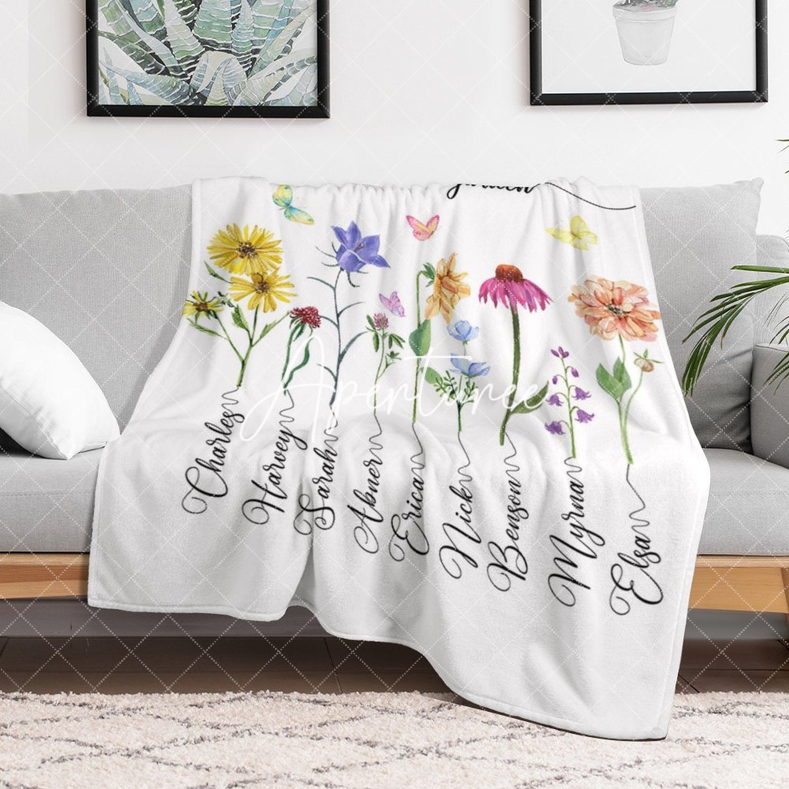 Aperturee - Aperturee Floral Moms Garden With Kids Custom Name Blanket