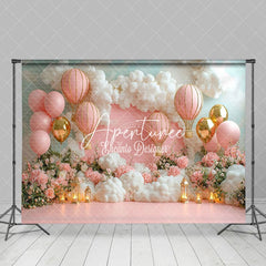 Aperturee - Aperturee Floral Pink Hot Air Balloon Birthday Photo Backdrop