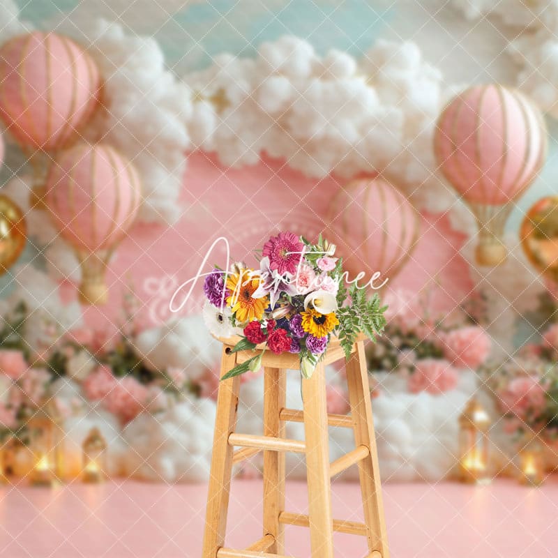 Aperturee - Aperturee Floral Pink Hot Air Balloon Birthday Photo Backdrop