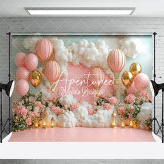 Aperturee - Aperturee Floral Pink Hot Air Balloon Birthday Photo Backdrop