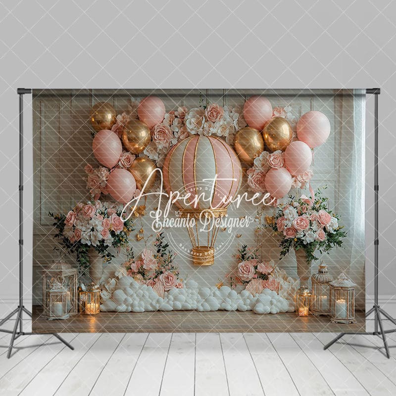 Aperturee - Aperturee Floral Pink White Hot Air Balloon Birthday Backdrop