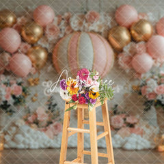 Aperturee - Aperturee Floral Pink White Hot Air Balloon Birthday Backdrop